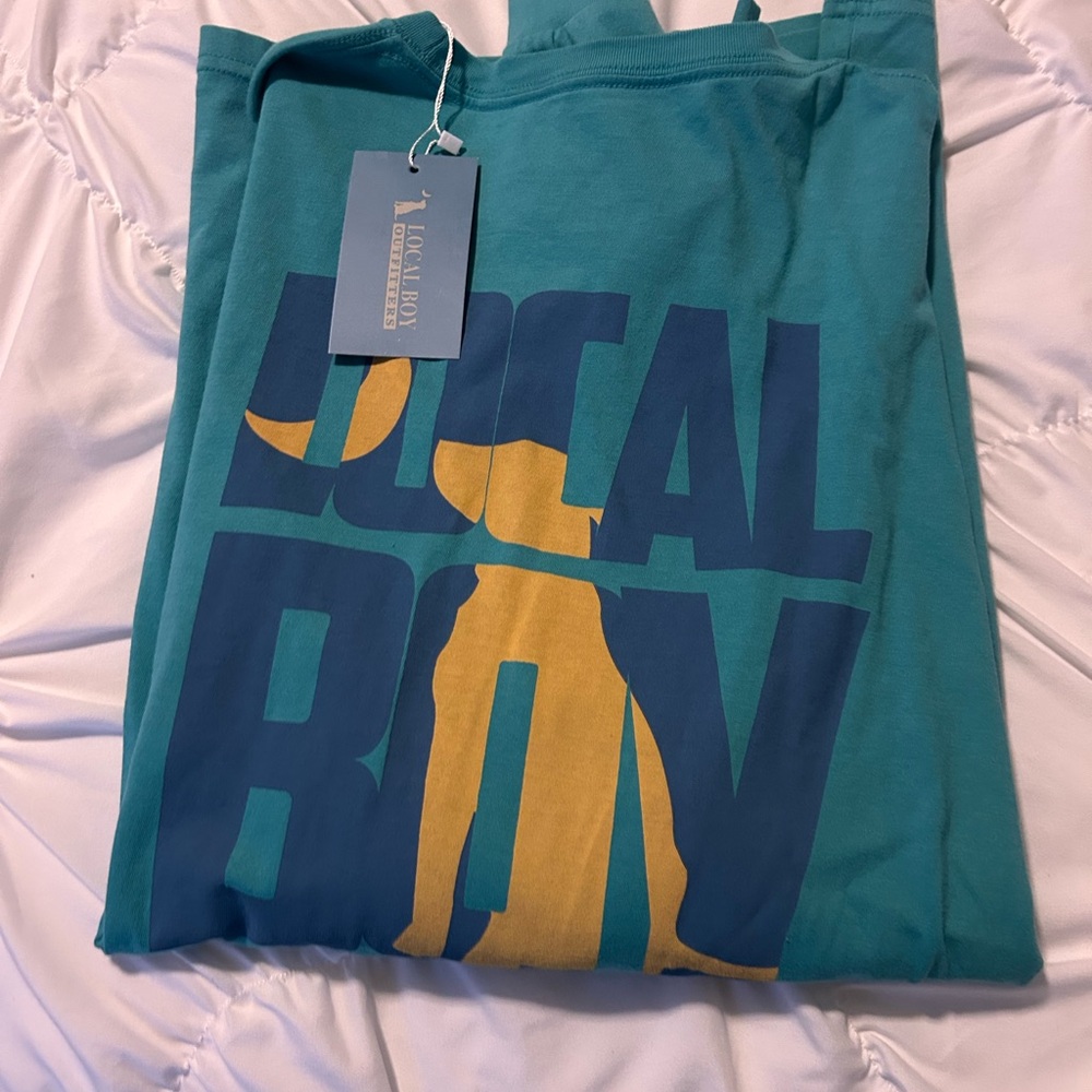 Teal Graphic Tee with Yellow and Blue Print